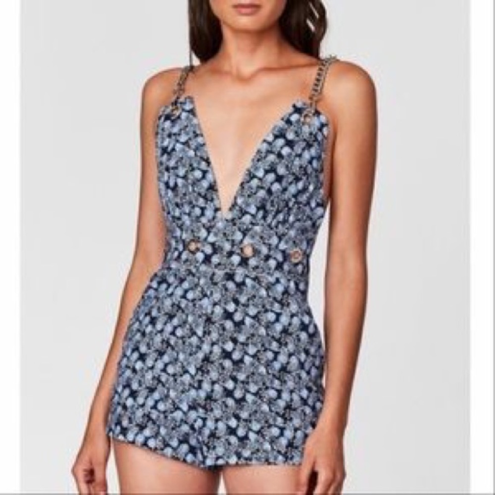 NEW Carmar denim LF blue floral romper dress silver chain